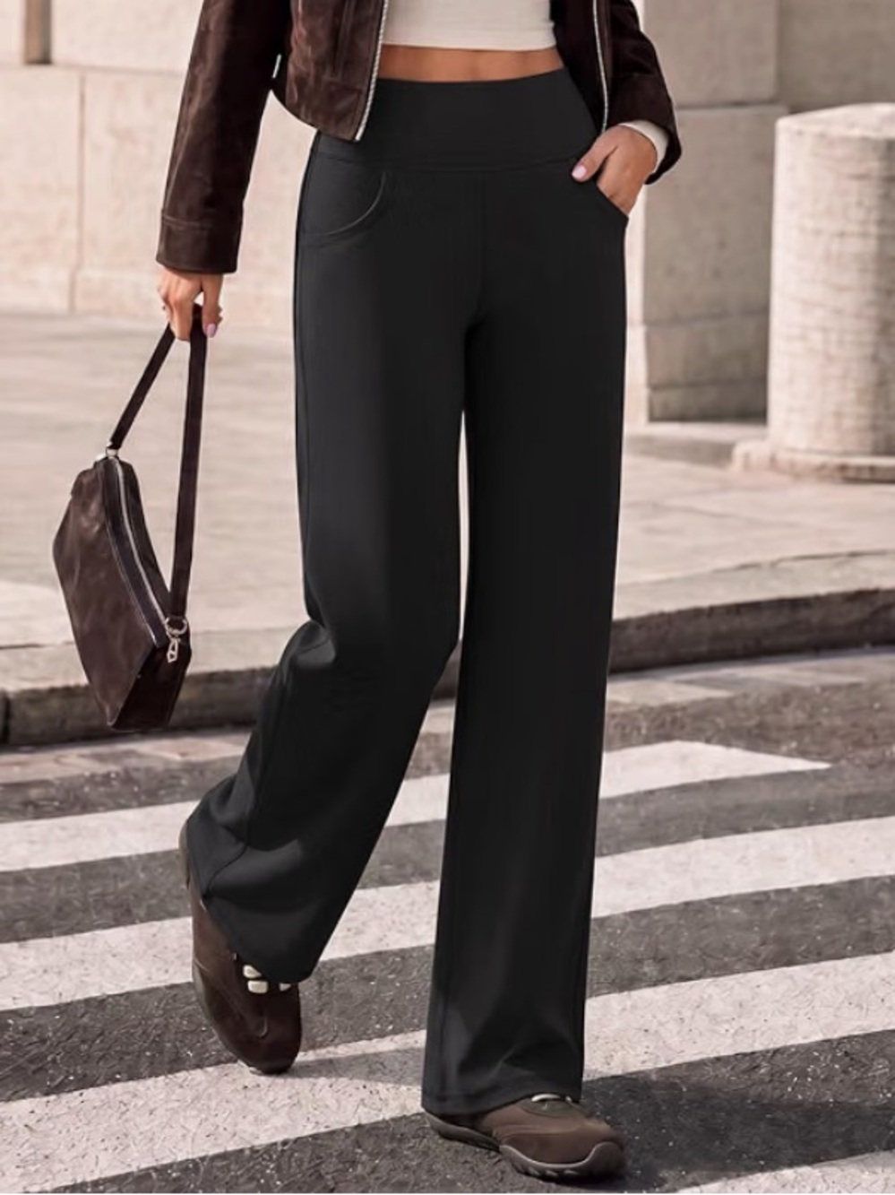 High-Waist Wide-Leg Black Pull-On Pants